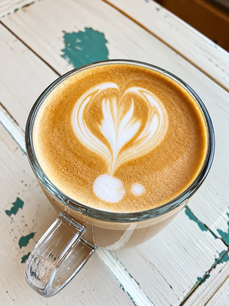 Latte with heart-shaped foam art in a clear cup.
