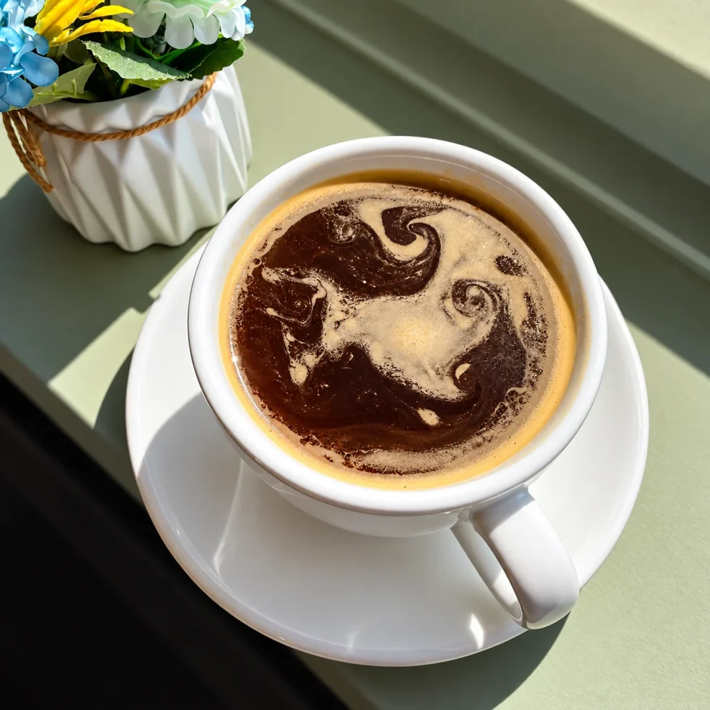 Americano coffee in a white cup viewed from above.