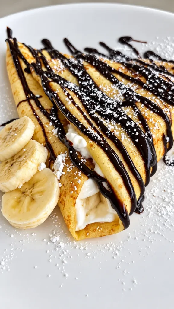 Banana Nutella crepe with sliced banana and chocolate drizzle.