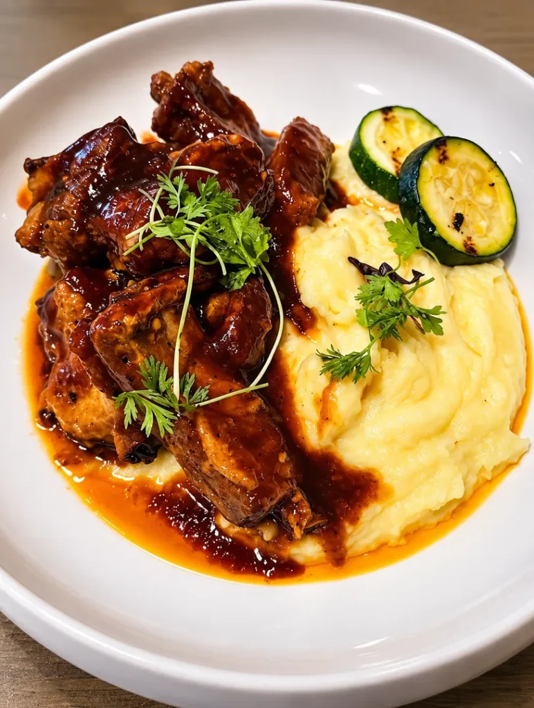 BBQ pork ribs served with mashed potatoes and grilled zucchini.
