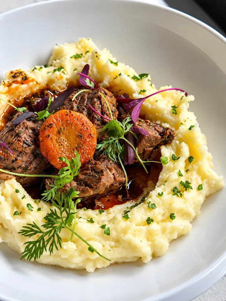 Braised beef with mashed potatoes, vegetables, and herbs.