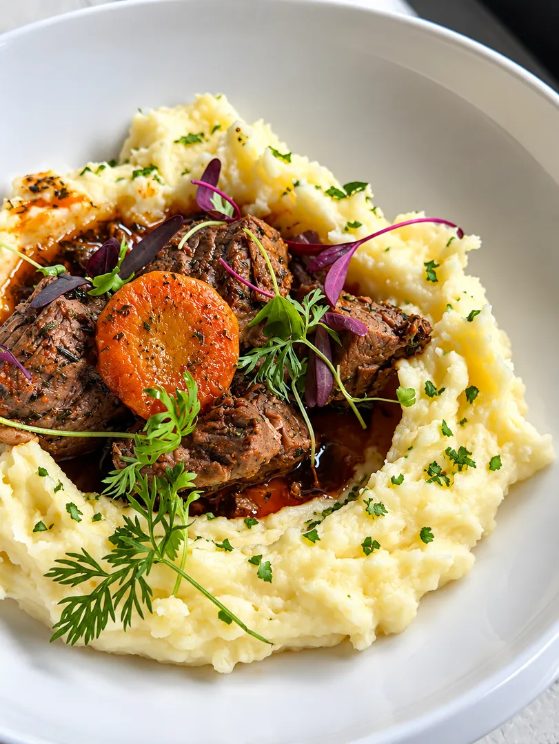 Braised beef with mashed potatoes, vegetables, and herbs.