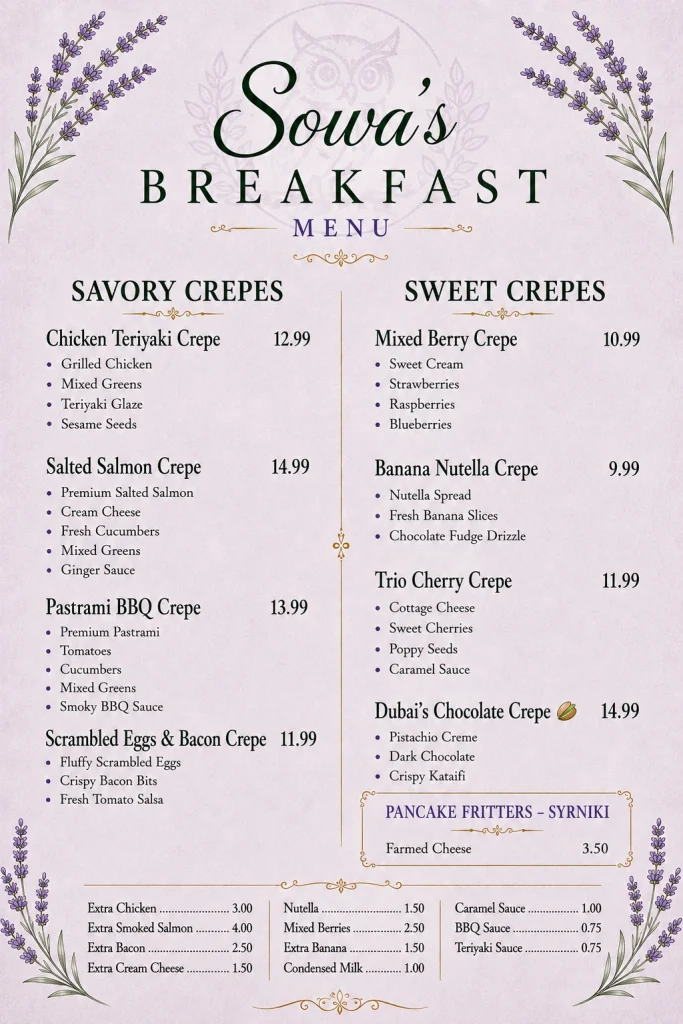 Sowa breakfast menu with savoury crepes, sweet crepes, and syrniki.