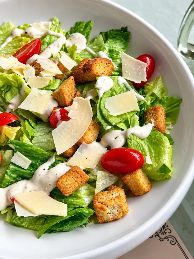 Caesar salad with romaine lettuce, Parmesan, croutons, and cherry tomatoes.