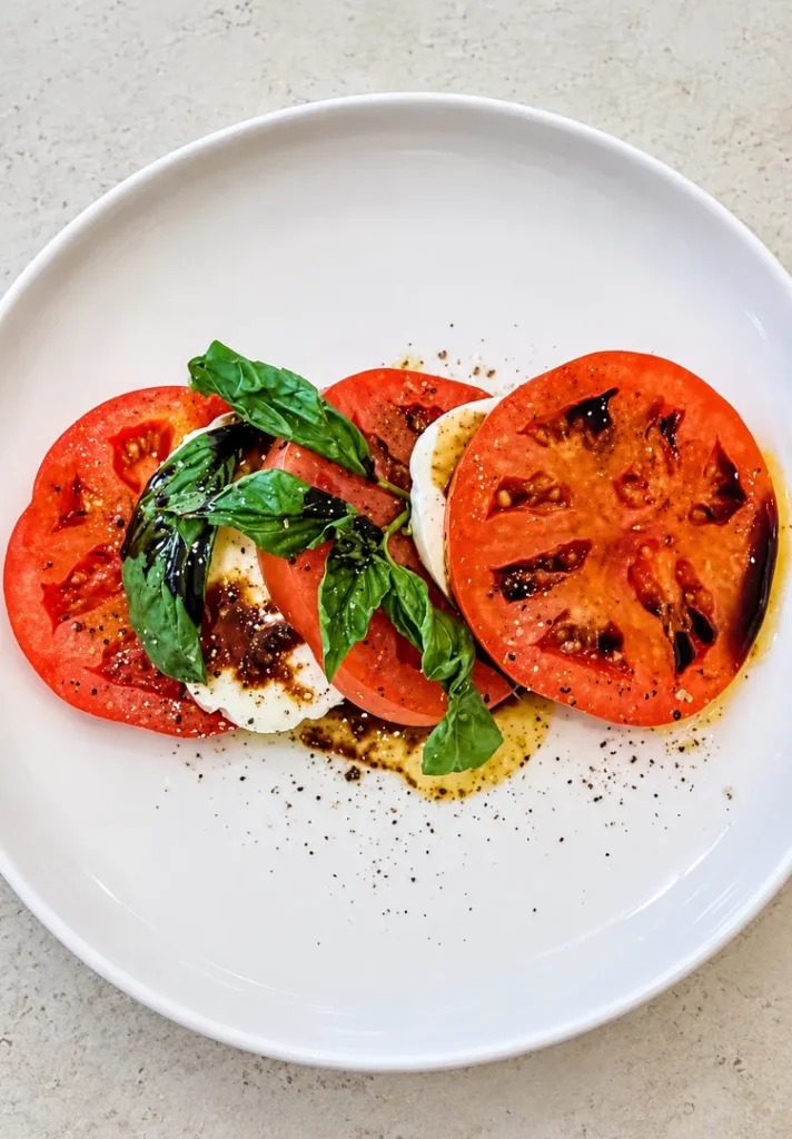 Caprese salad with tomatoes, mozzarella, and fresh basil.