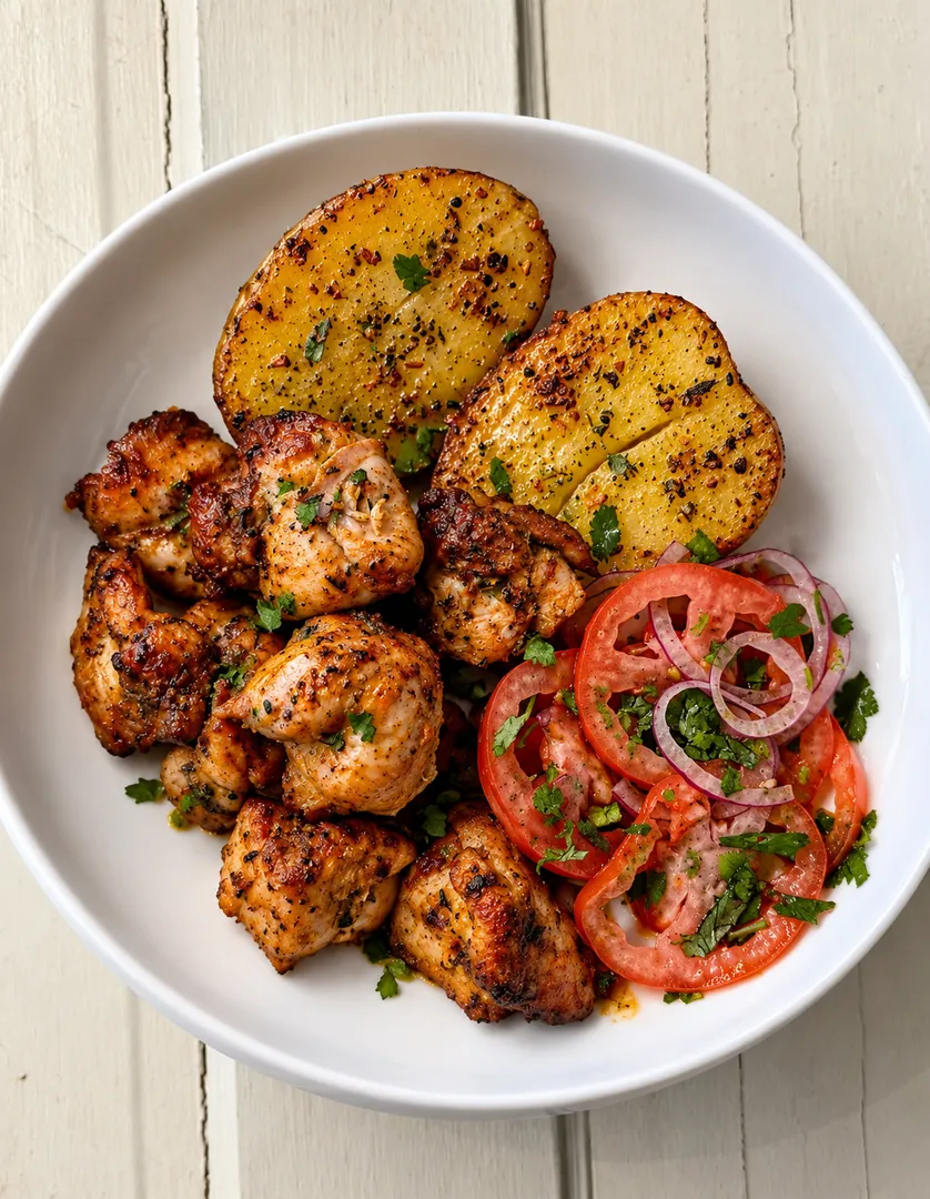 Chicken kebabs with country potatoes and tomato and onion salad.