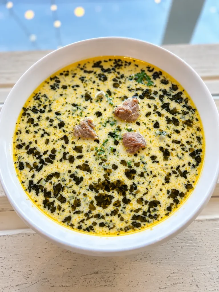 Creamy chicken meatball soup garnished with herbs.
