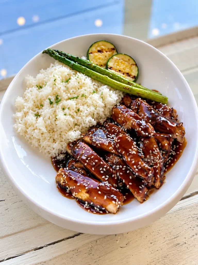 Chicken teriyaki served with rice and grilled vegetables.