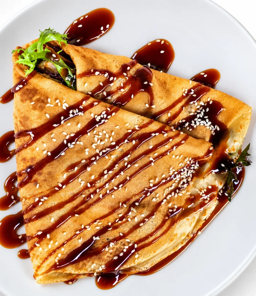 Chicken teriyaki crepe with mixed greens, sesame seeds, and teriyaki glaze.
