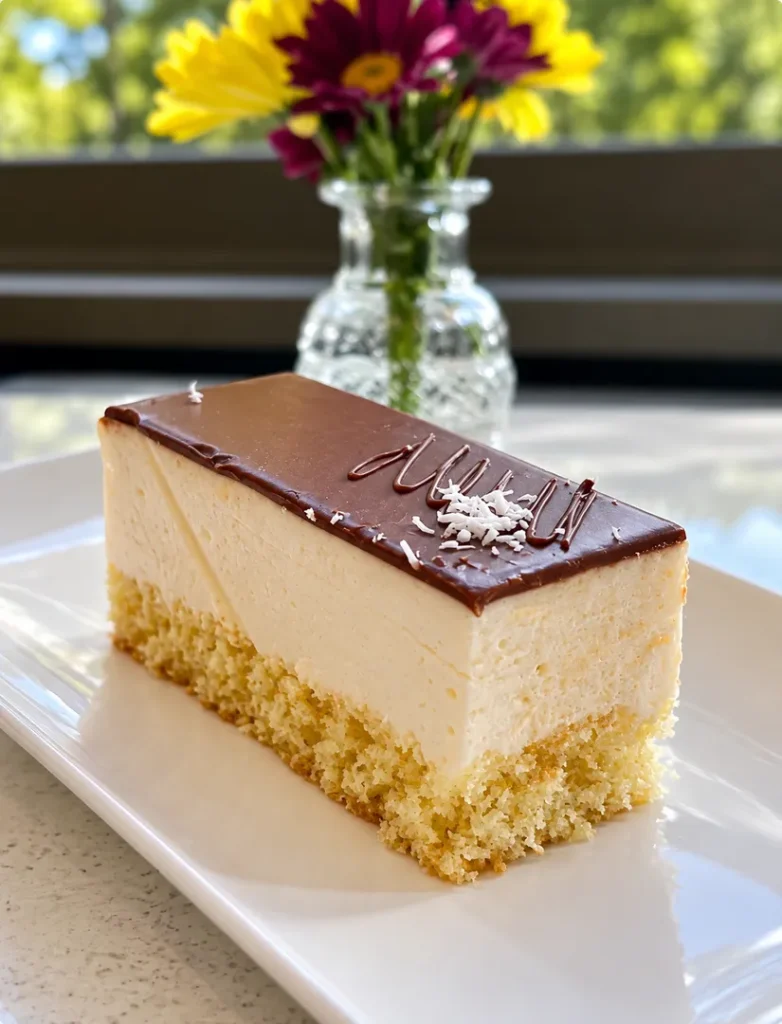 Cloud cake with a glossy chocolate topping.
