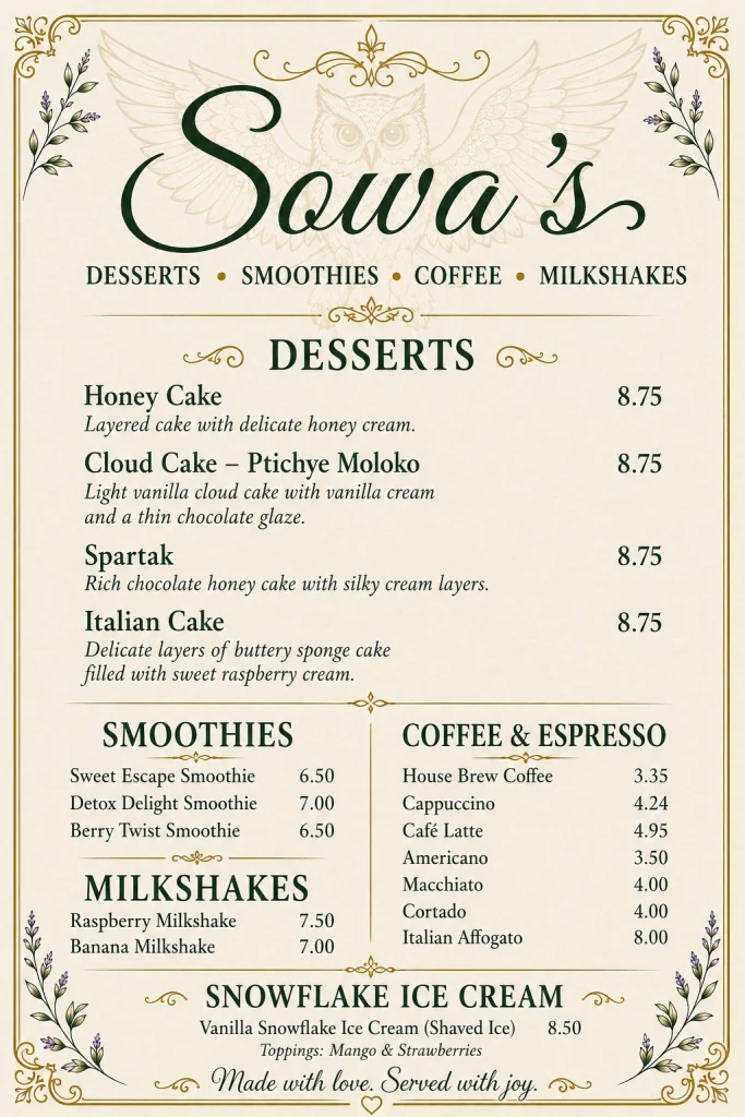 Sowa dessert, smoothie, coffee, milkshake, and snowflake ice cream menu.