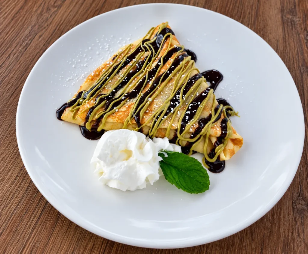 Chocolate crepe with pistachio and chocolate drizzle.