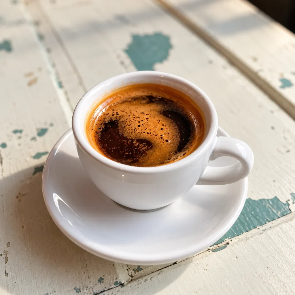 Espresso in a small white cup on a saucer.