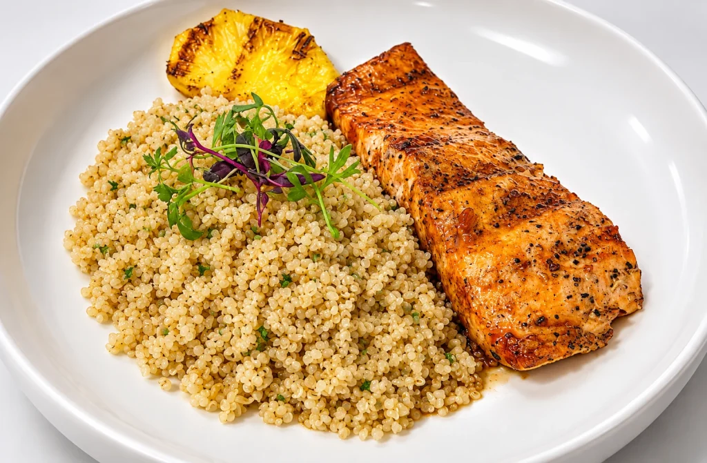 Glazed orange salmon with buckwheat and grilled pineapple.