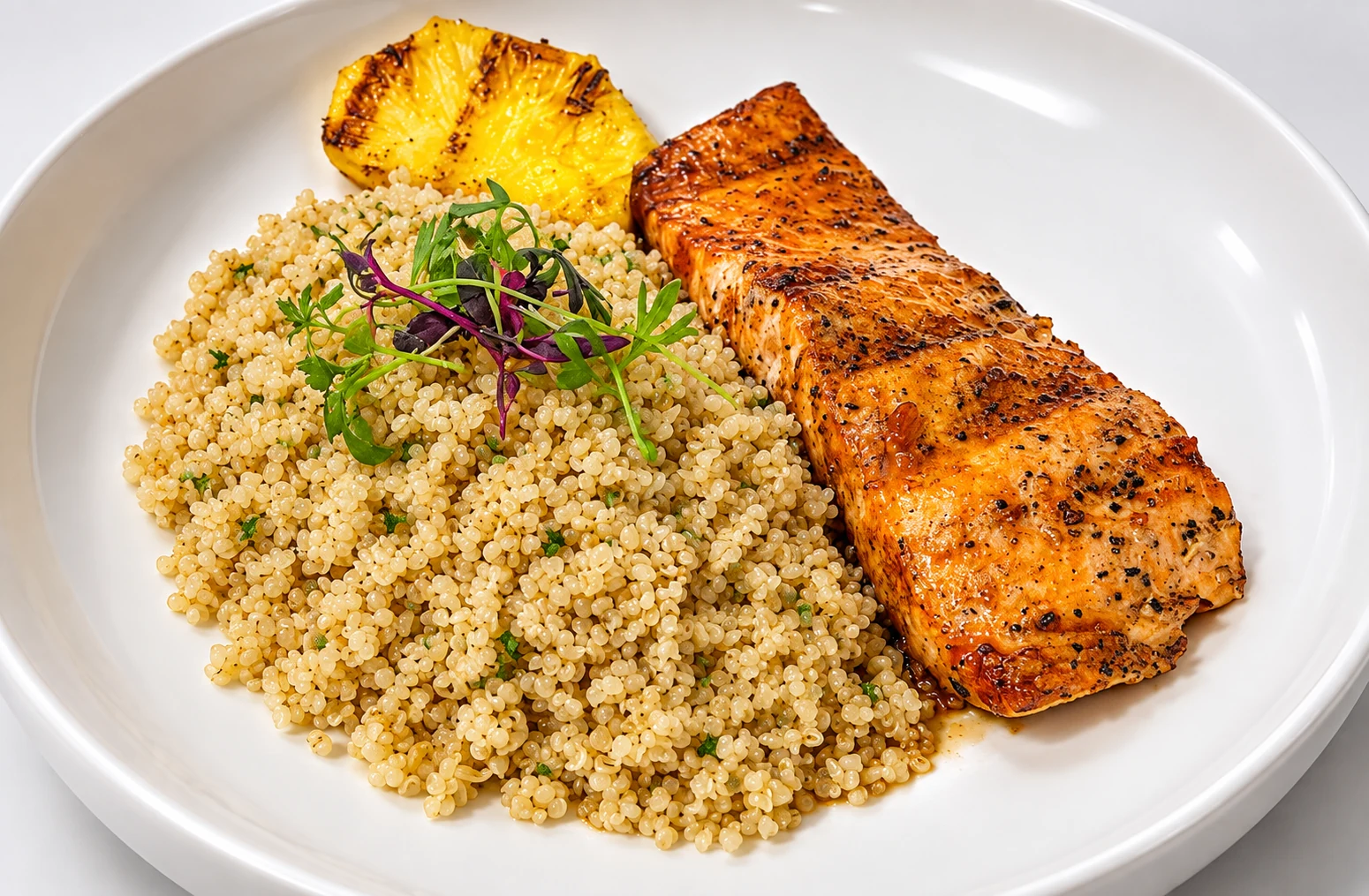 Glazed orange salmon with buckwheat and grilled pineapple.