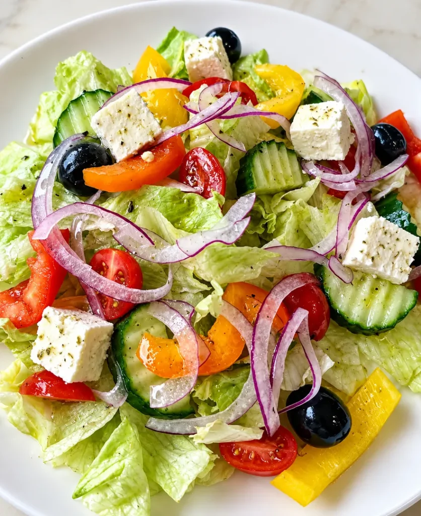 Greek salad with tomatoes, cucumber, olives, peppers, and feta cheese.