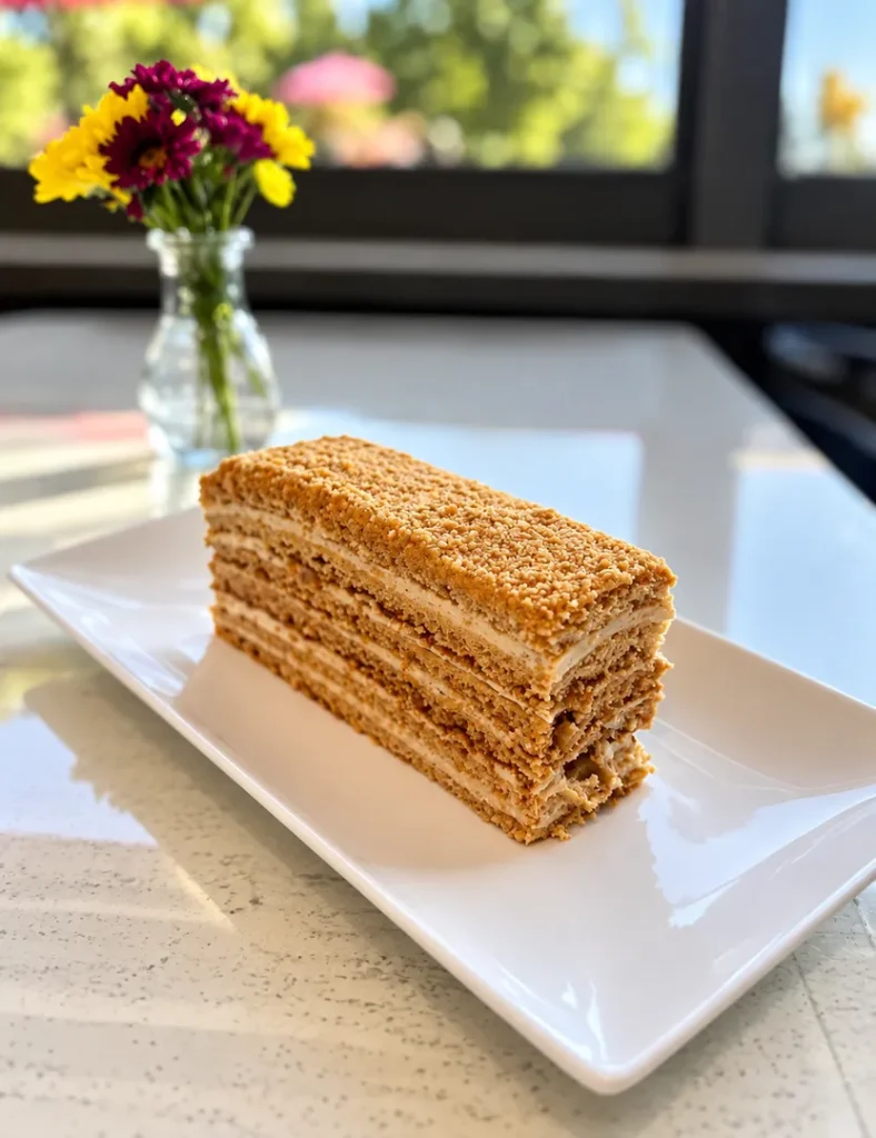 Layered honey cake served on a white plate.