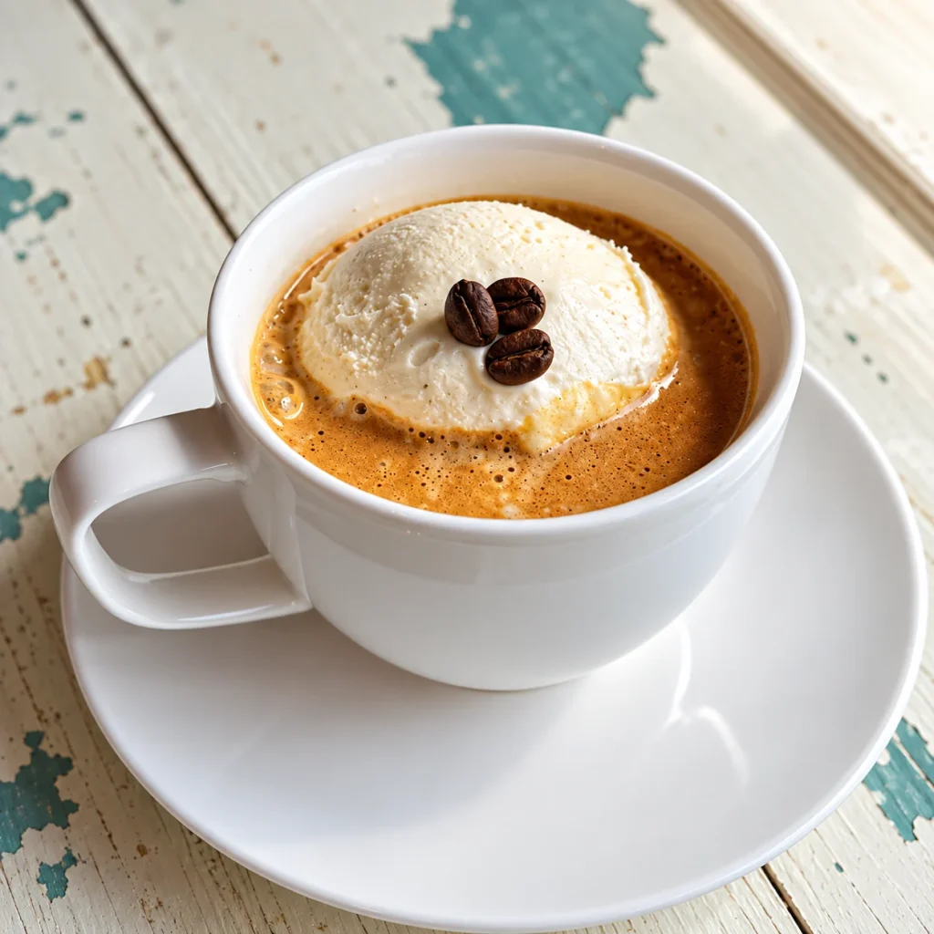 Italian affogato topped with cream and coffee beans in a white cup.