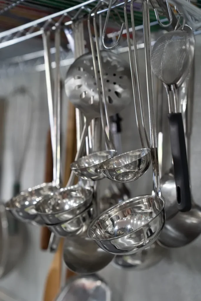 Cooking utensils hanging in the Sowa kitchen.