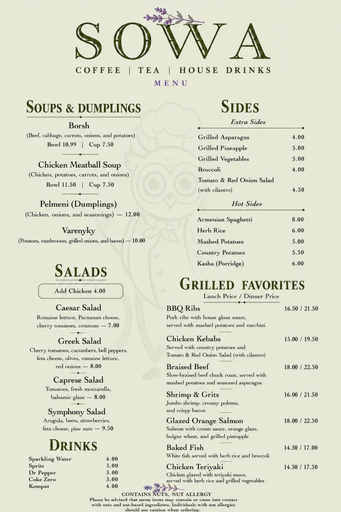 Sowa lunch and dinner menu with soups, dumplings, salads, sides, and grilled favourites.