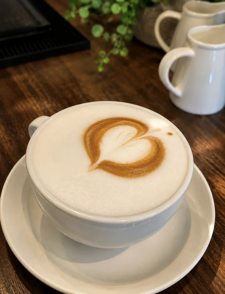 Macchiato with heart-shaped foam art in a white cup.