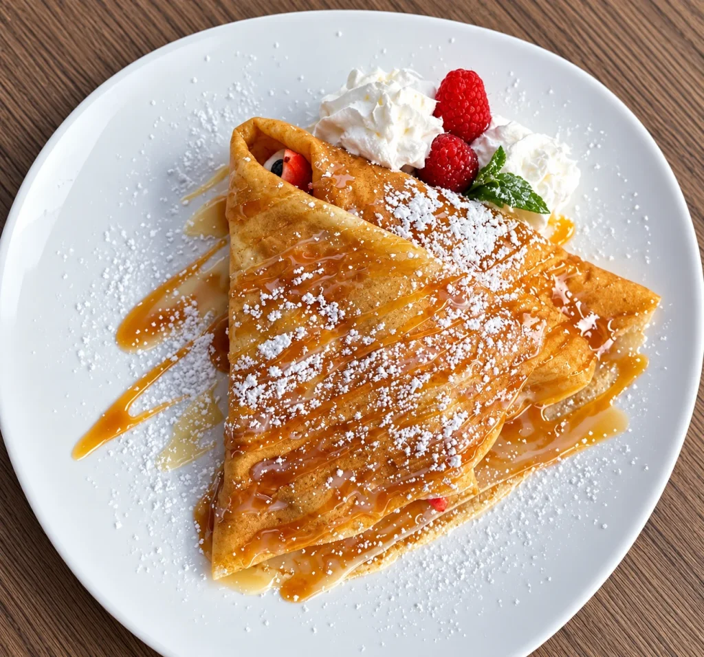 Mixed berry crepe with berries and whipped cream.
