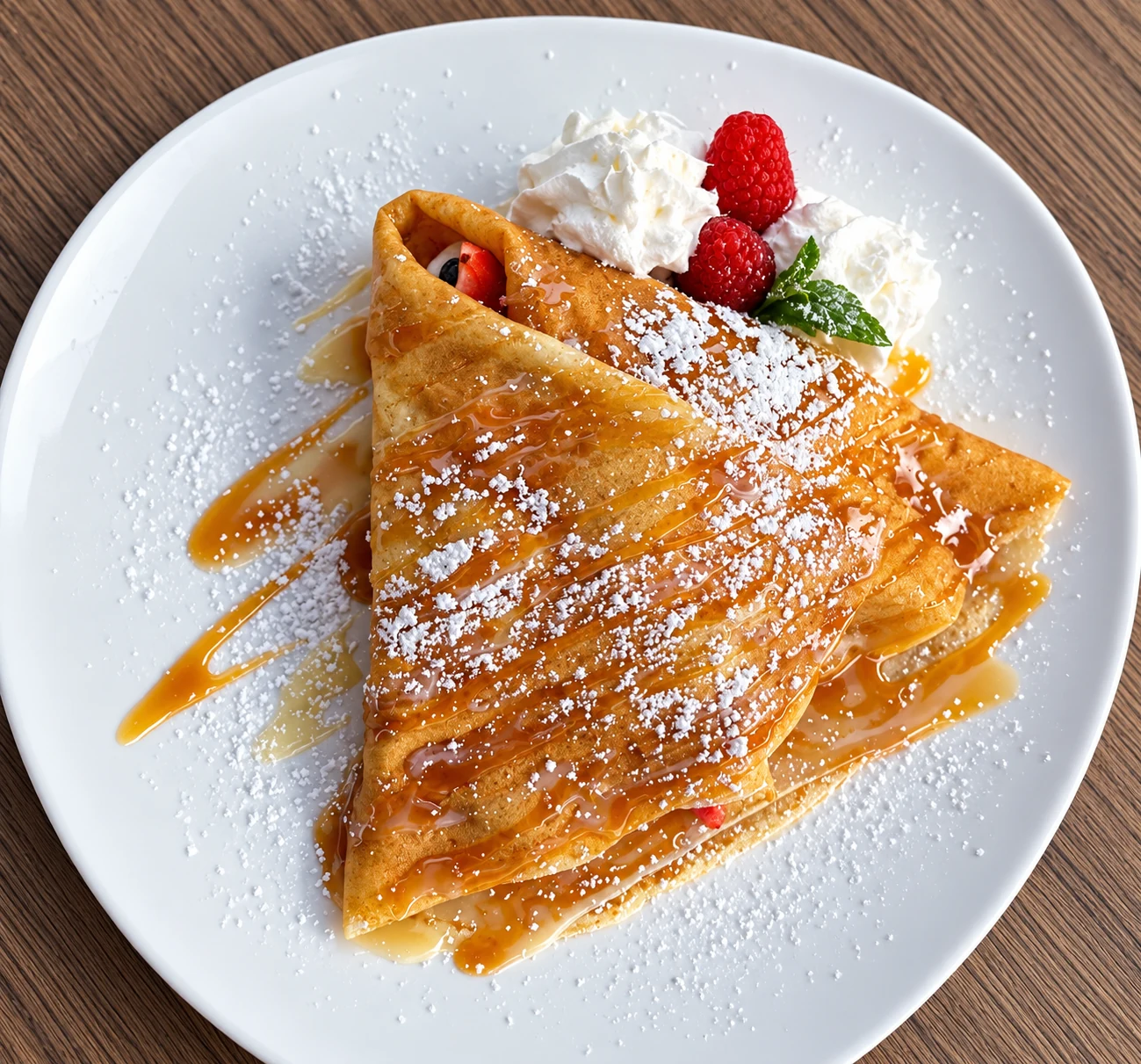 Mixed berry crepe with berries and whipped cream.