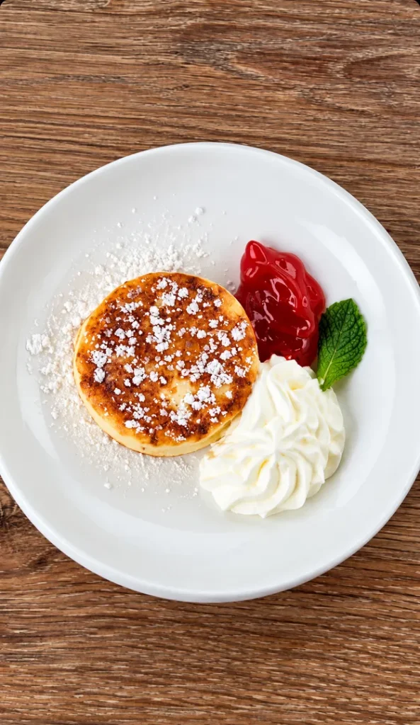 Syrniki cheese pancake served with cream and berry sauce.