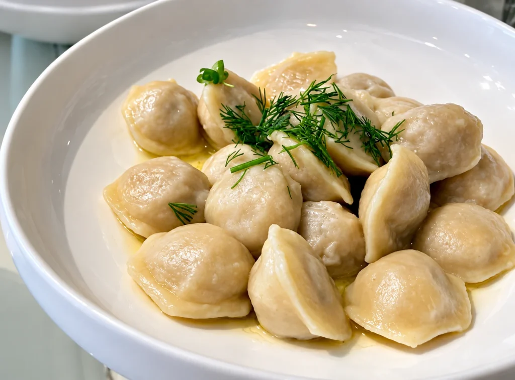 Pelmeni dumplings served with sour cream and dill.
