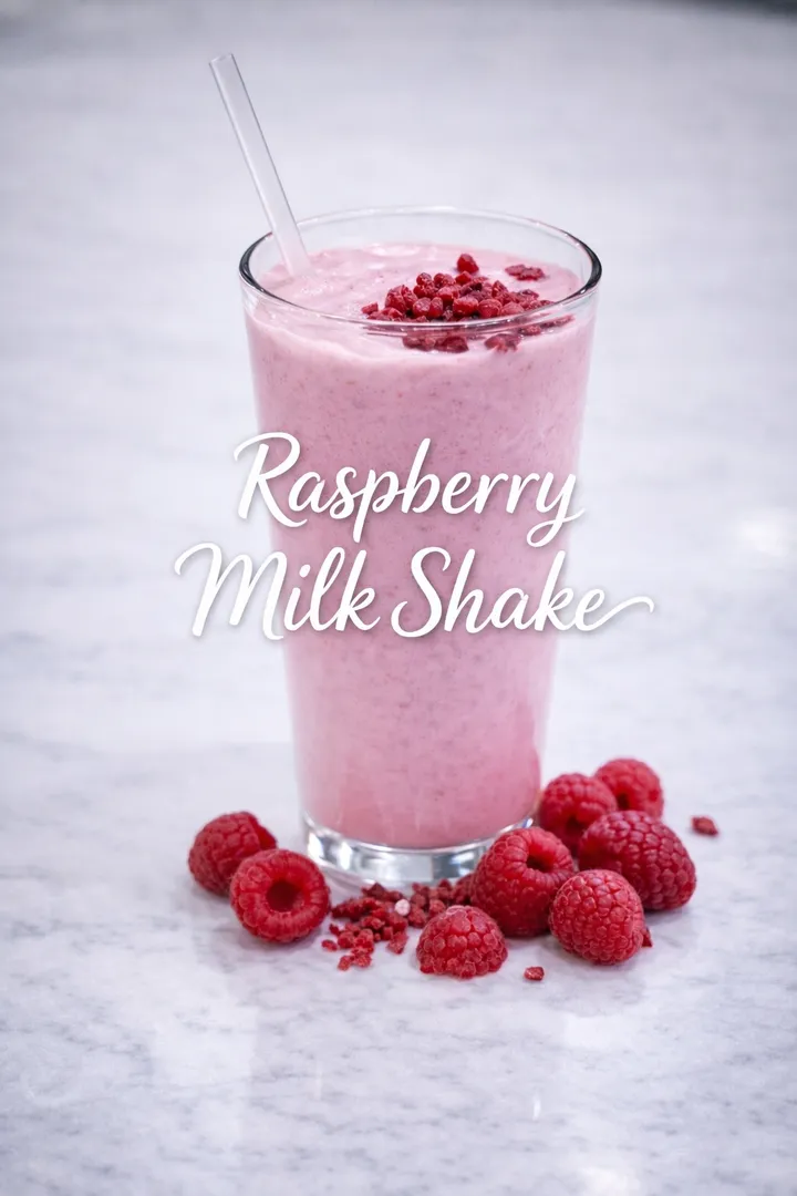 Raspberry milkshake with fresh raspberries.