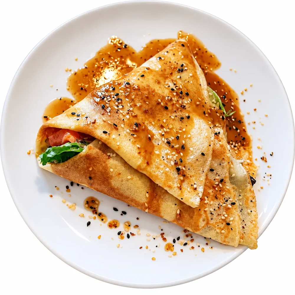 Salted salmon crepe with greens, sesame seeds, and ginger sauce on a white plate.