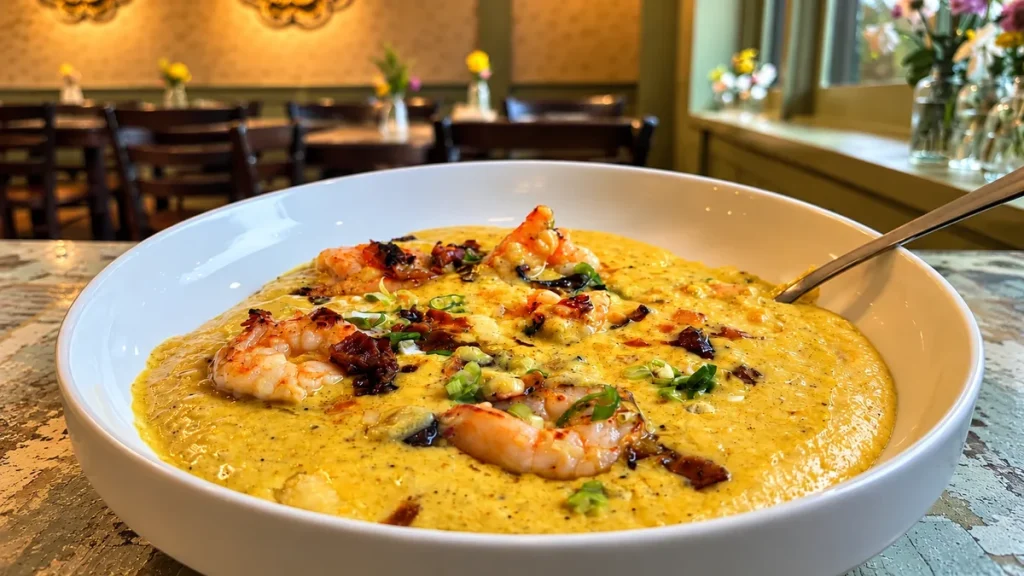 Shrimp and grits with bacon and scallions in a white bowl at Sowa.