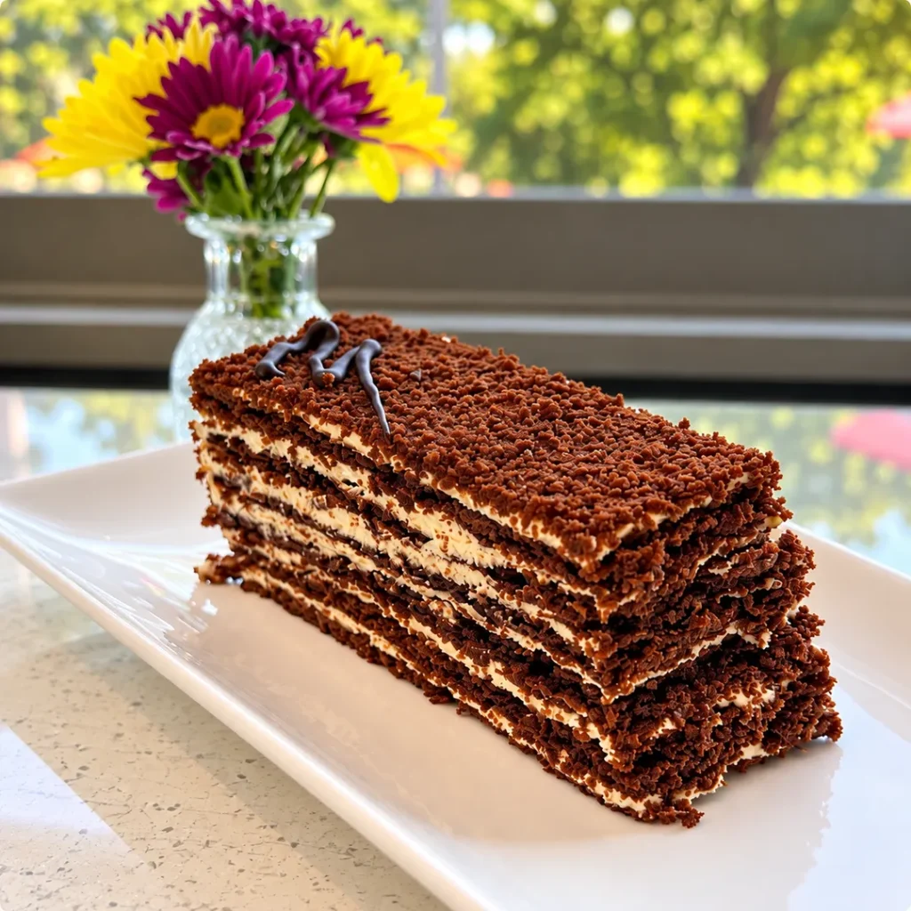 Layered chocolate Spartak cake.