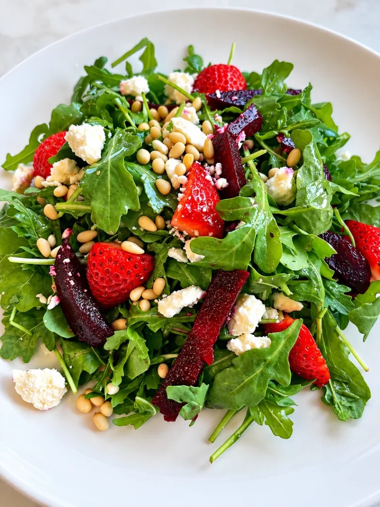 Symphony salad with leafy greens, strawberries, cheese, and pine nuts.